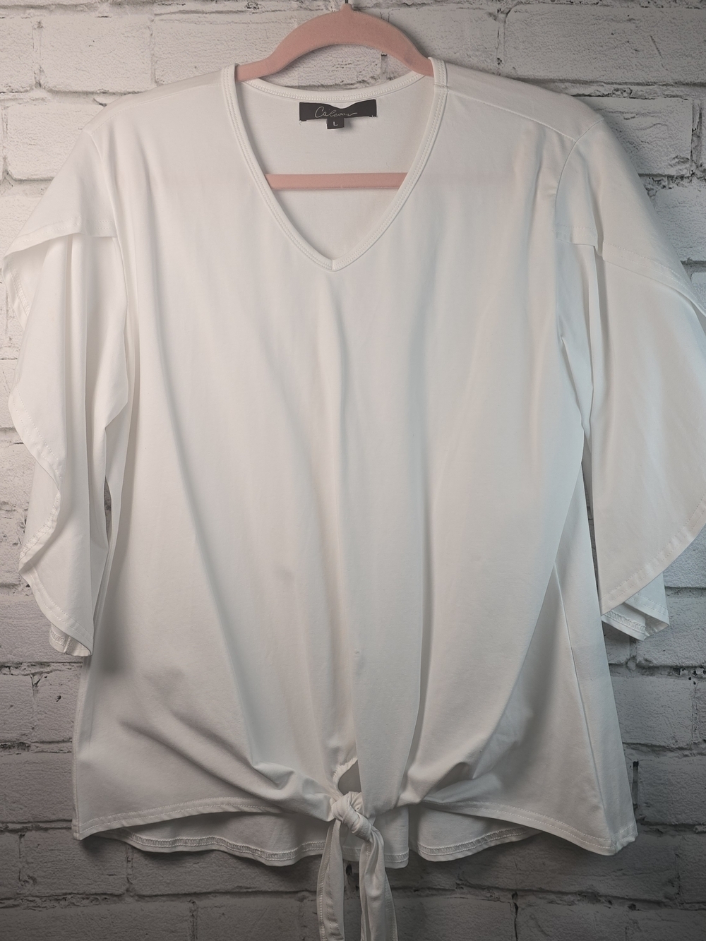CALESSA WHITE BLOUSE FLUTTER SLEEVE KNOTTED WAIST V-NECK STRETCH WOMENS LARGE